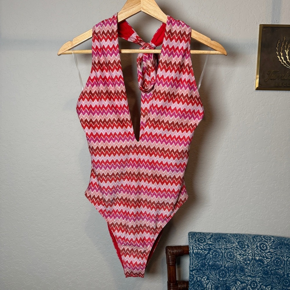 Ramy Brook Pink Red Chevron Metallic Lurex Halter Deep V Neck Bodysuit Small